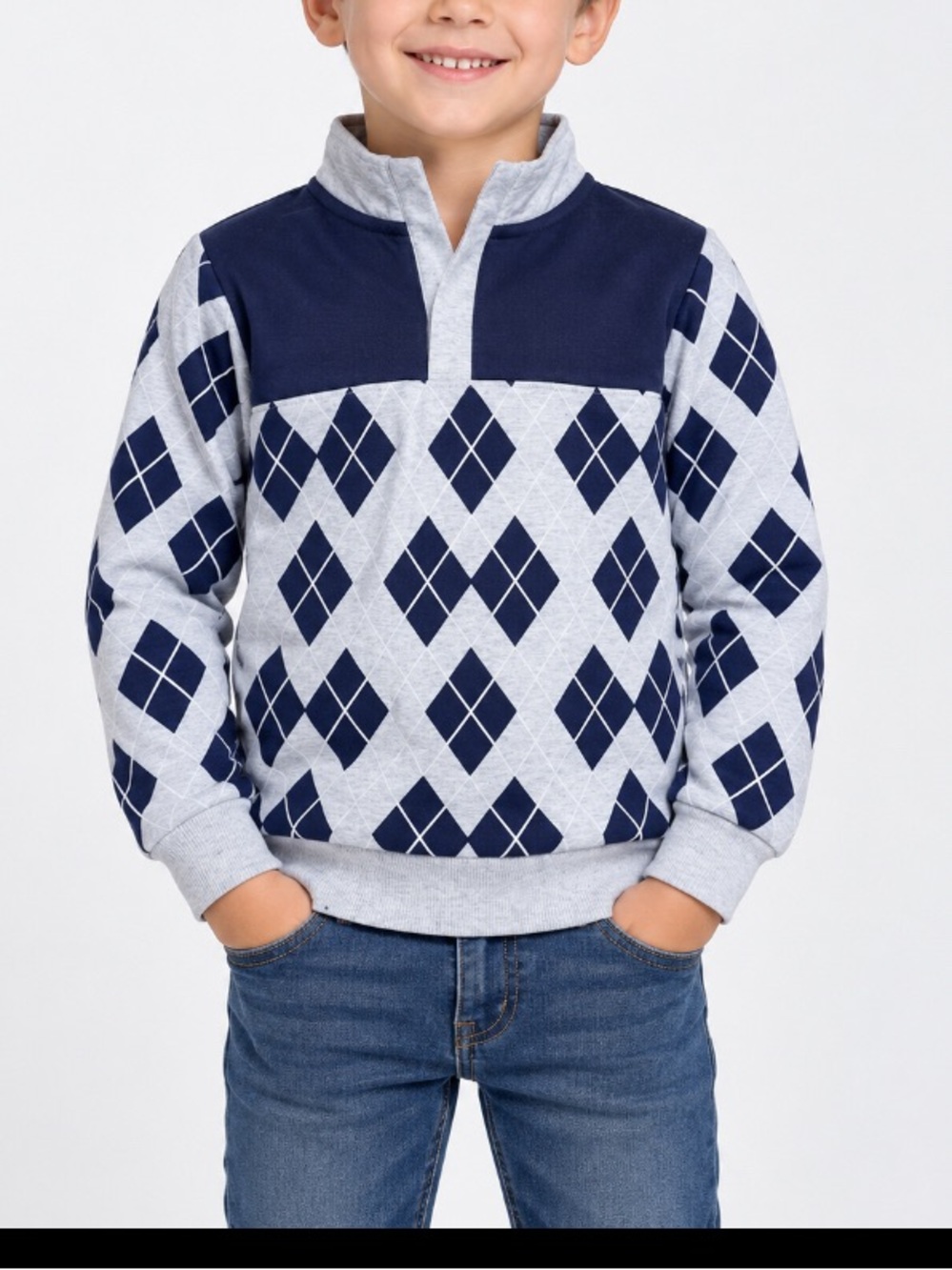 Miles the label cotton Boys Navy and Light Gray Argyle Quarter-Zip Sweater